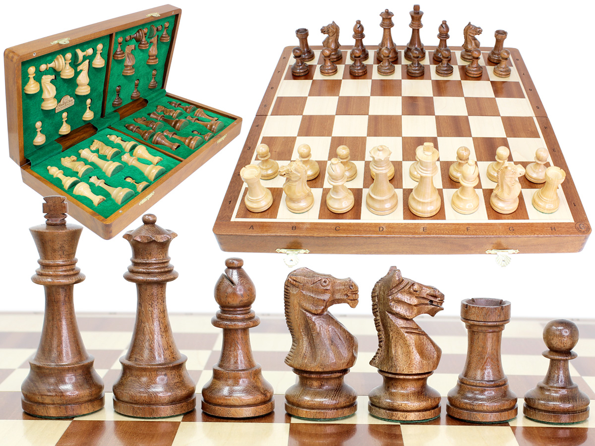 Fierce Knight Staunton 4" Chess Set and 18" Folding Chess Board with Algebraic Notation in Acacia Wood + 2 Extra Queens, 4 Extra Knights & 2 Extra Pawns