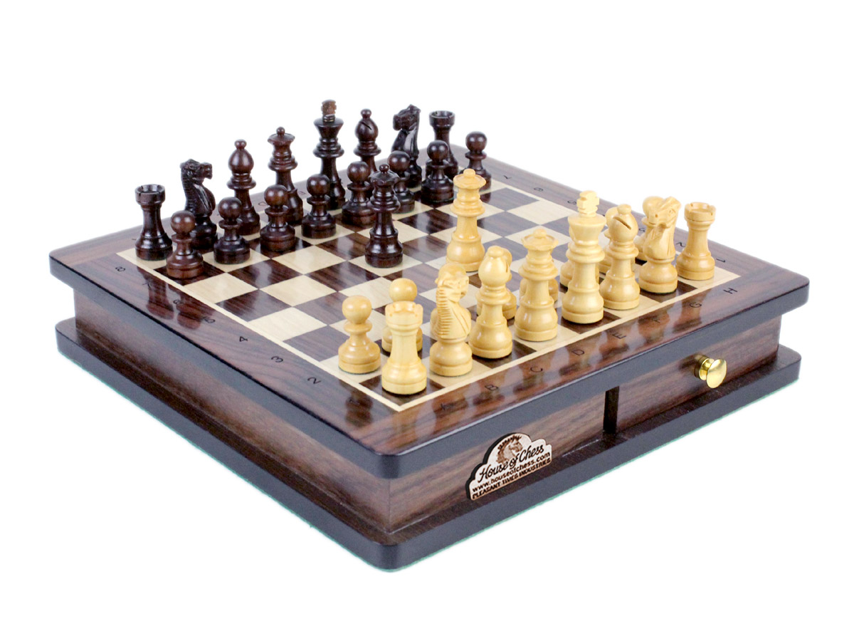 Rosewood Magnetic Chess Set with Draught Set, Two Extra Queens & Algebraic Notation