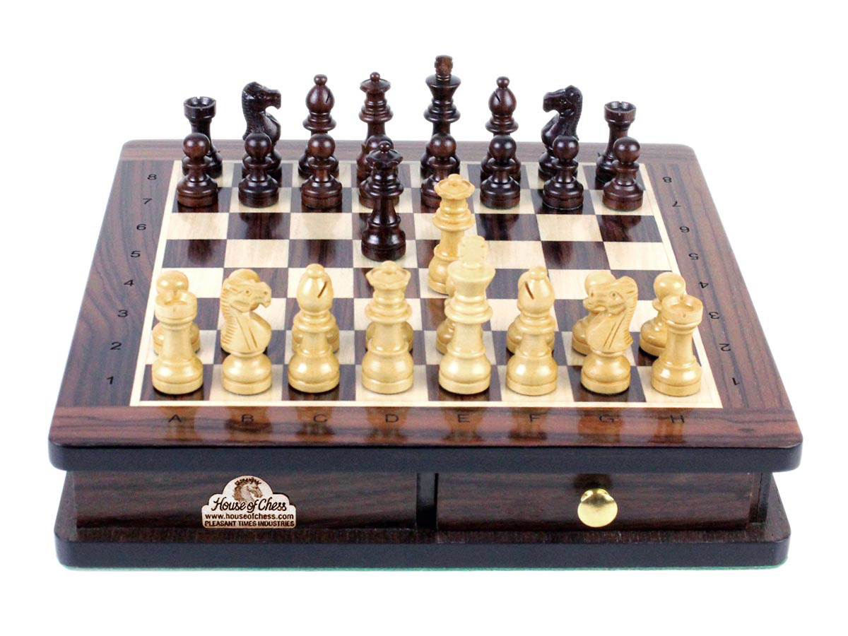 French Staunton Magnetic 2" (50 mm) Chess Pieces displayed on Rosewood Board and Box 9" x 9" (23 x 23 cm)