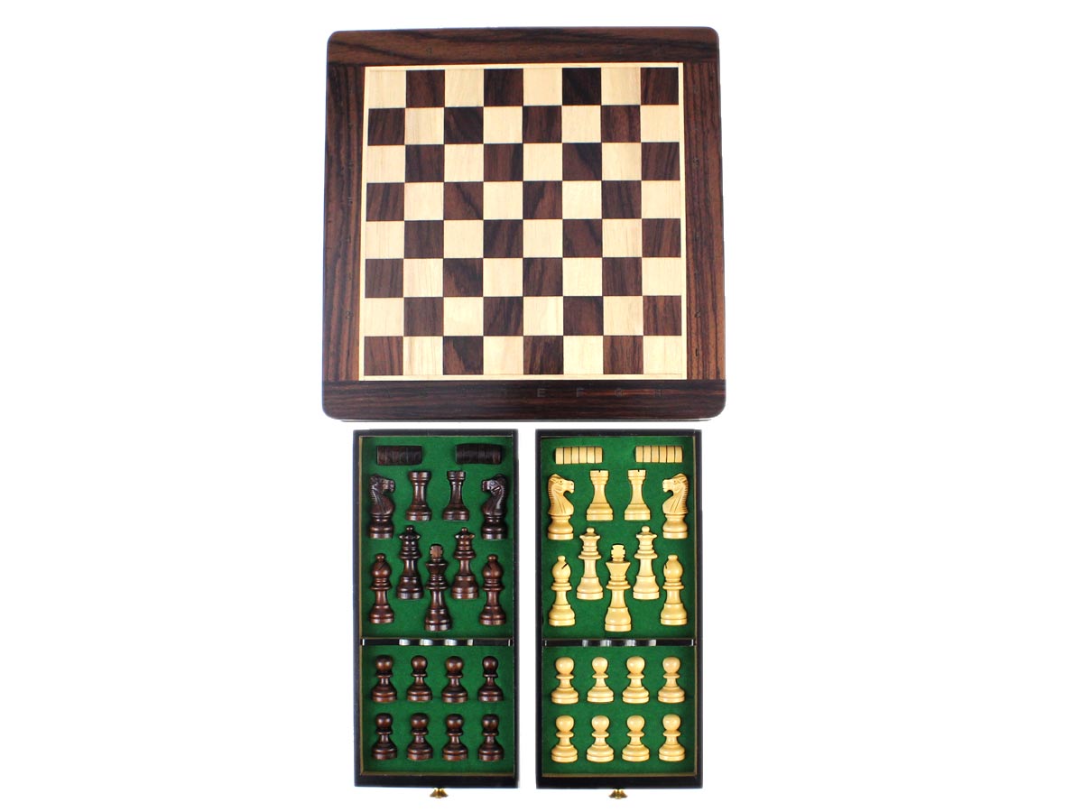 View of Chess Board in Rosewood 9" x 9" ( 23 cm x 23 cm) and two drawers storing Chess Pieces and draughts set