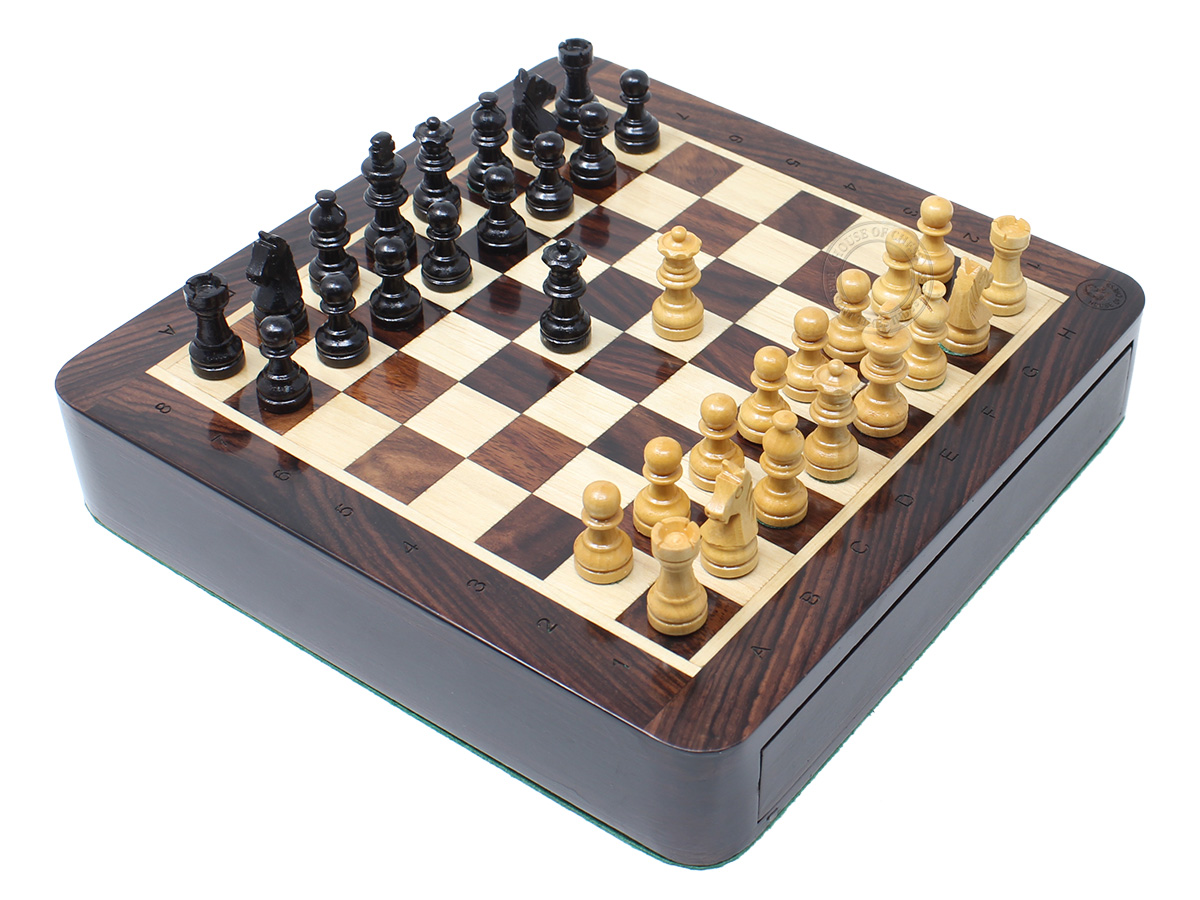Travel Magnetic Chess Set 7.5" with Storage Drawer & Algebraic Notation - 2 Extra Queens in Rosewood/Maple