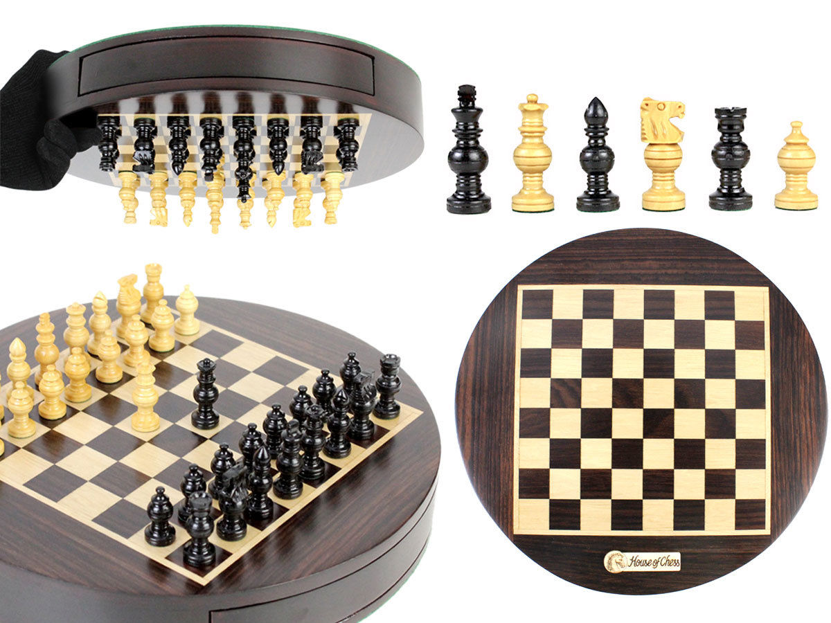 Magnetic Round Drawer Rosewood Chess Board and Box Dia 9" with Globe Chess pieces in Ebony Wood