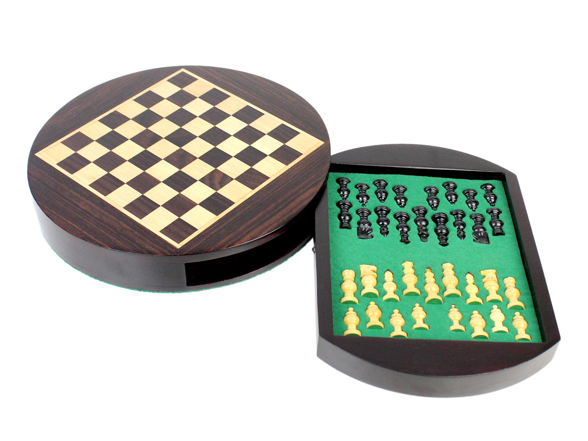 Rosewood Magnetic Round Chess Board with Drawer