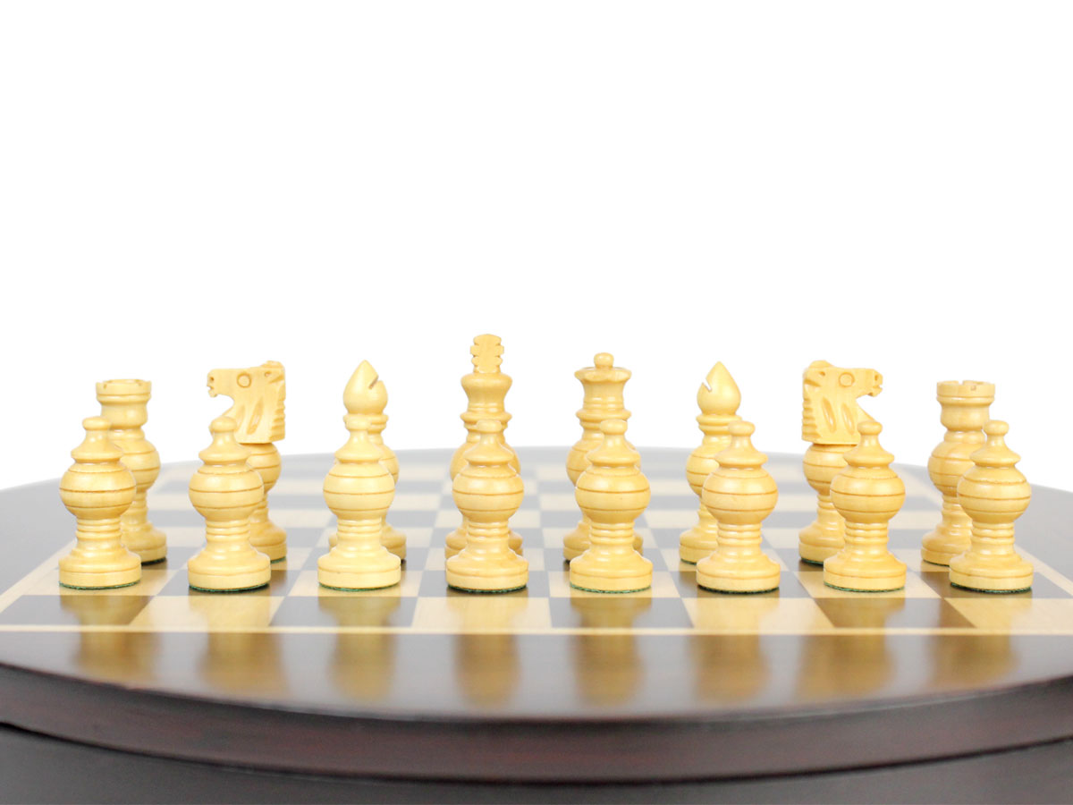 Boxwood Globe Design Artistic Chess Pieces on Rosewood Round Shape Chess Board