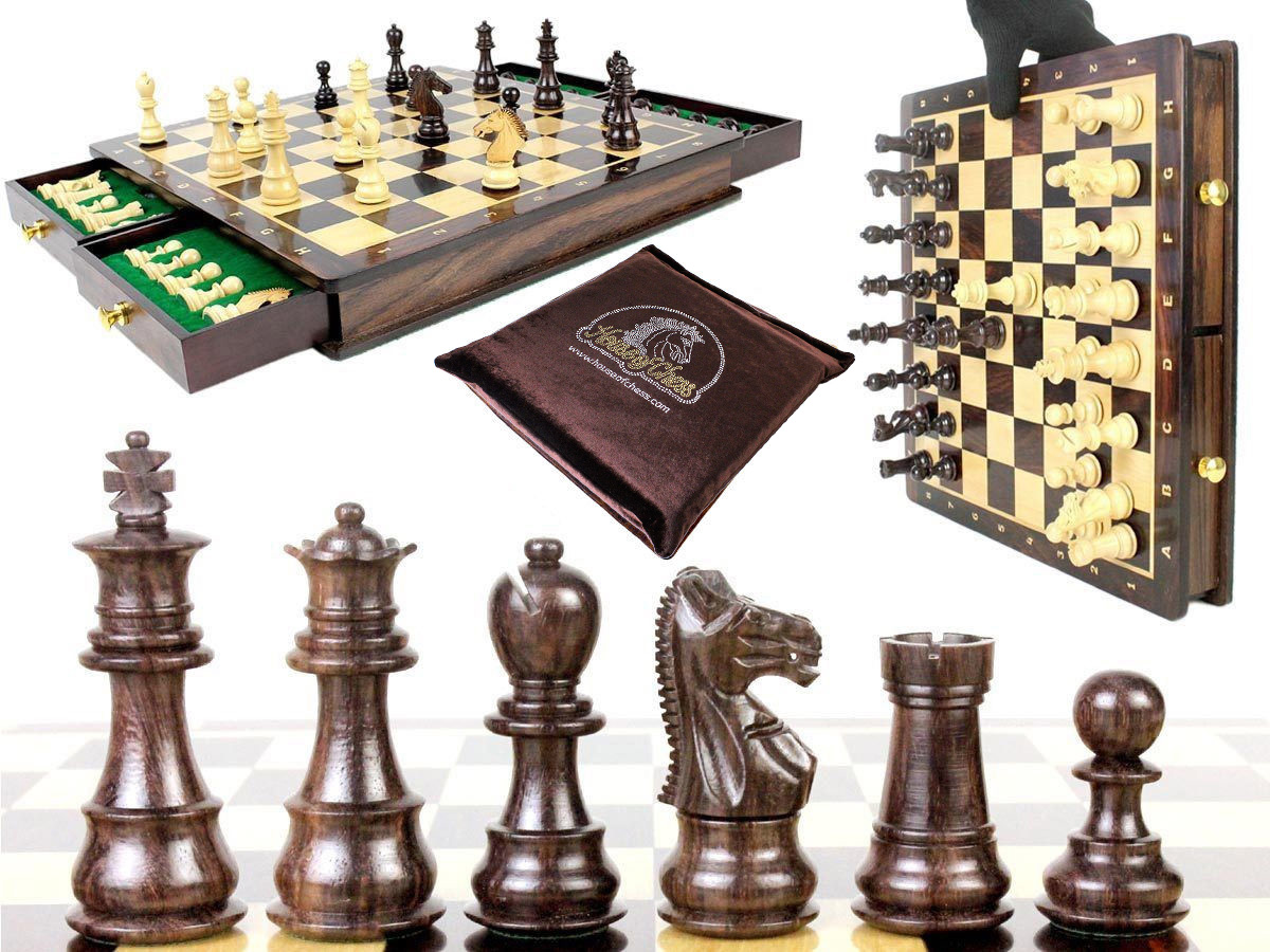 Magnetic Galaxy Rosewood 3" Chess Set + 15" Chess Board with Algebraic Notation + Extra 2 Queens, 4 Derby Knights and 2 Pawns