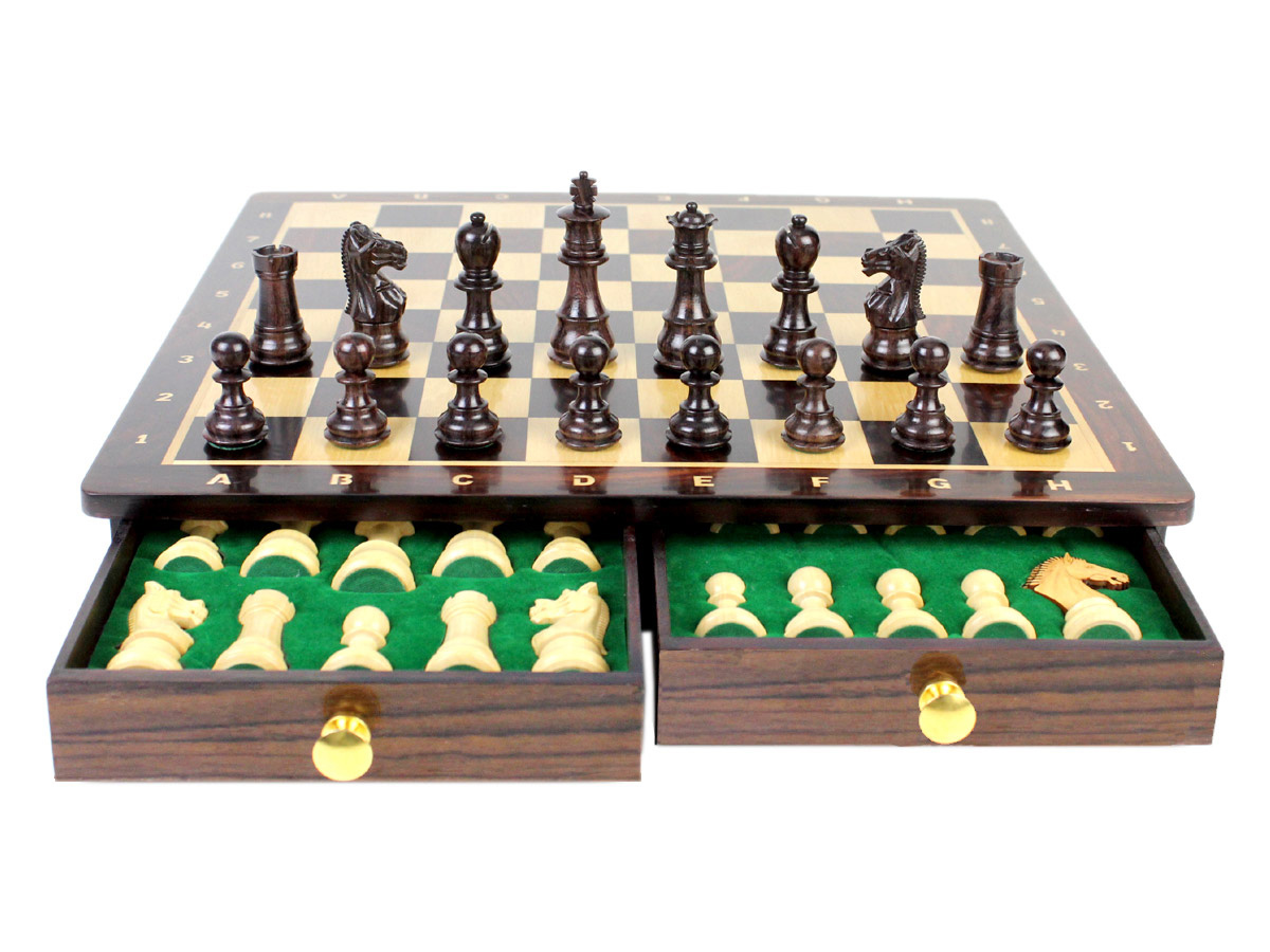 15" x 15" Rosewood Chess board with inlaid Algebraic notations. Square size - 1.65" (42mm)