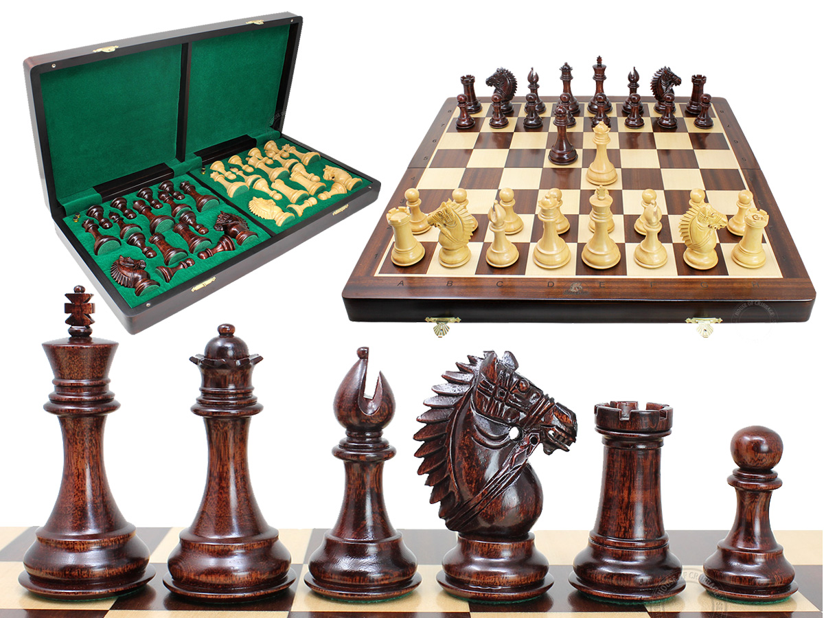Rio Staunton Biggie Knight Ringy Rosewood 4"  Chess Set - 21"  Folding Chess Board with Algebraic Notation - 2 Extra Queens