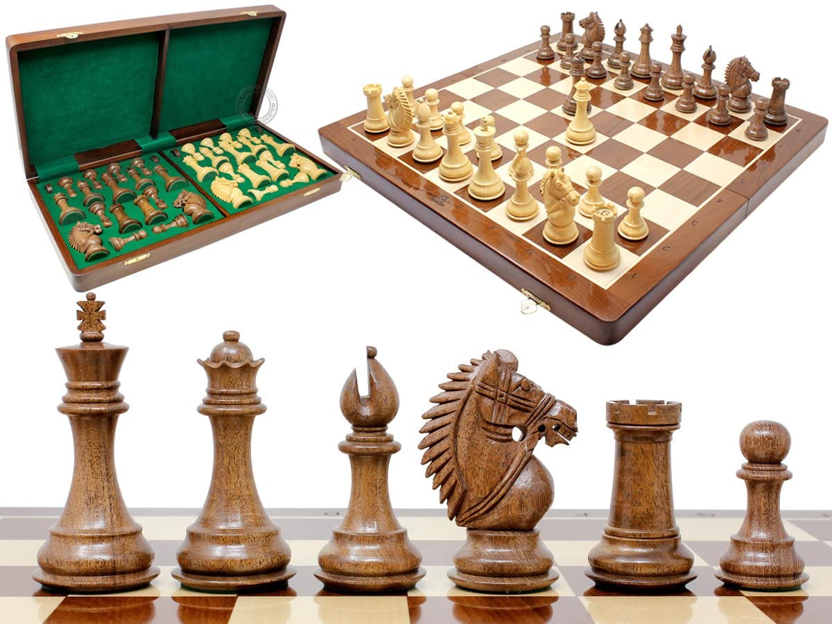Rio Staunton Biggie Knight Acacia Wood 4"  Chess Set - 21"  Folding Chess Board with Algebraic Notation - 2 Extra Queens