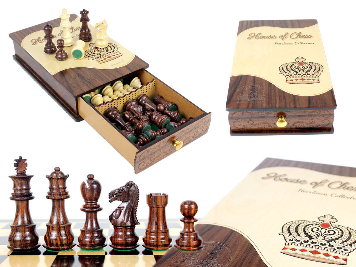 Heirloom Collection Galaxy Staunton Rosewood Chess Pieces King Size 3" packed in Rosewood  Heirloom Box