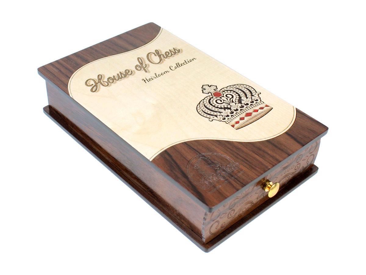 Heirloom Collection Chess Storage box in Rosewood & Maple provided with the Galaxy Staunton Chess Pieces