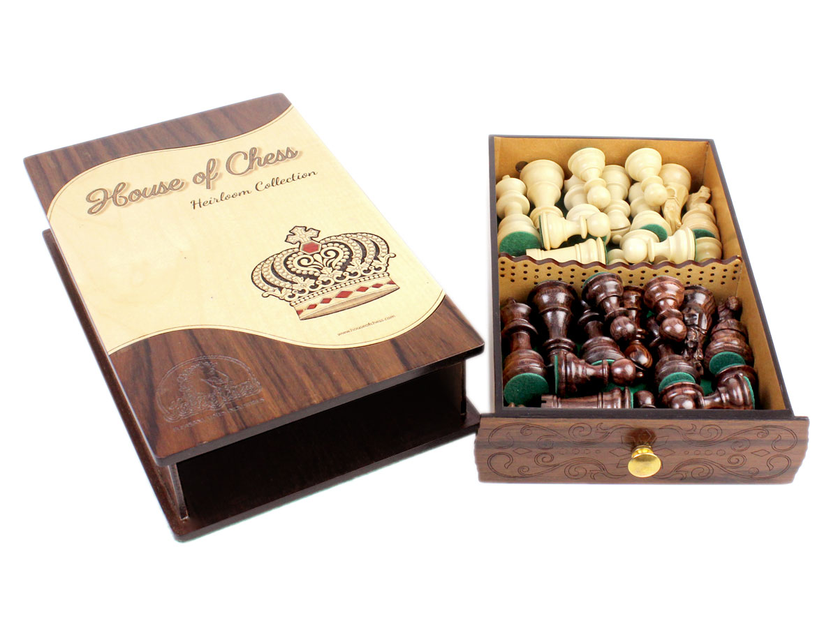 Galaxy Staunton Heirloom Collection 3" Chess Pieces stored in Rosewood Maple Box with Pull Out Drawer