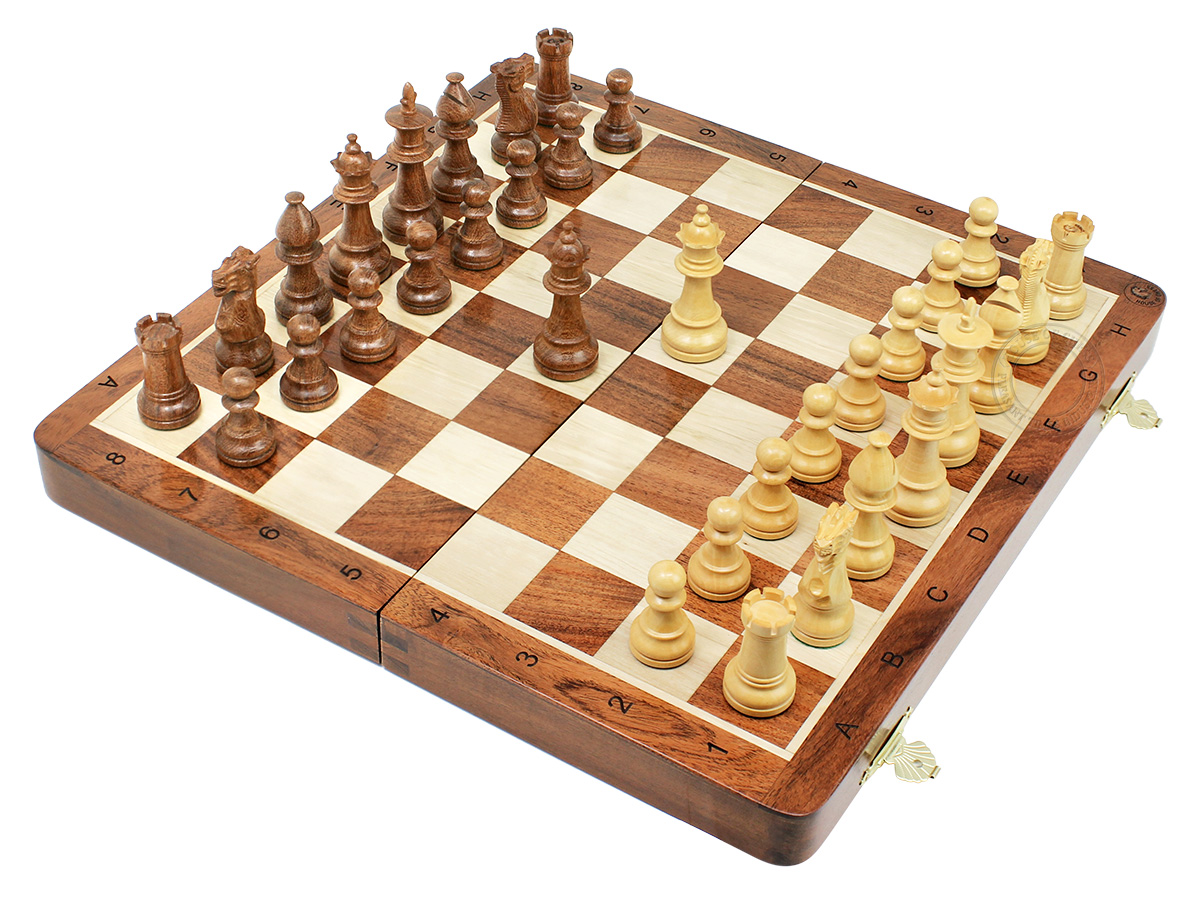 Victorian Staunton Golden Acacia Wood 3" Chess Set - 14" Folding Chess Board with Algebraic Engraved Notation - 2 Extra Queens
