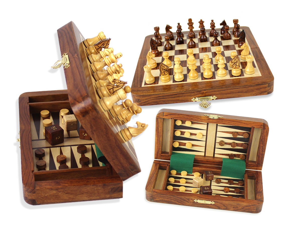 Wood Magnetic Travel Chess Set & Backgammon Combo Folding 7-1/2" Golden Rosewood/Maple