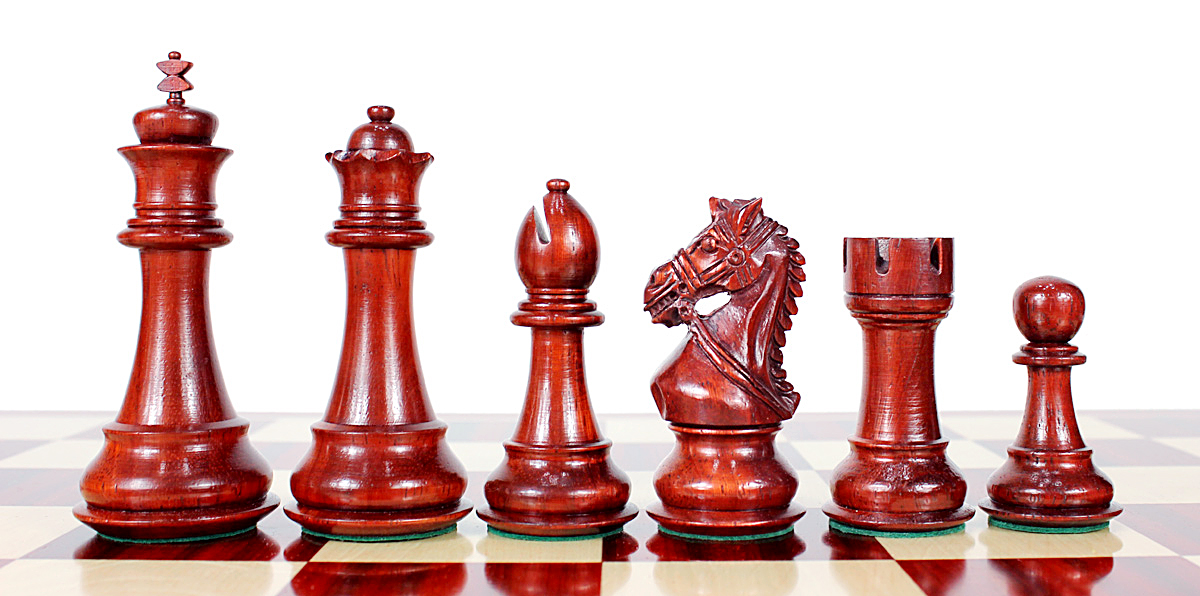 Beautiful Bud Rosewood chess pieces with beveled bases.
