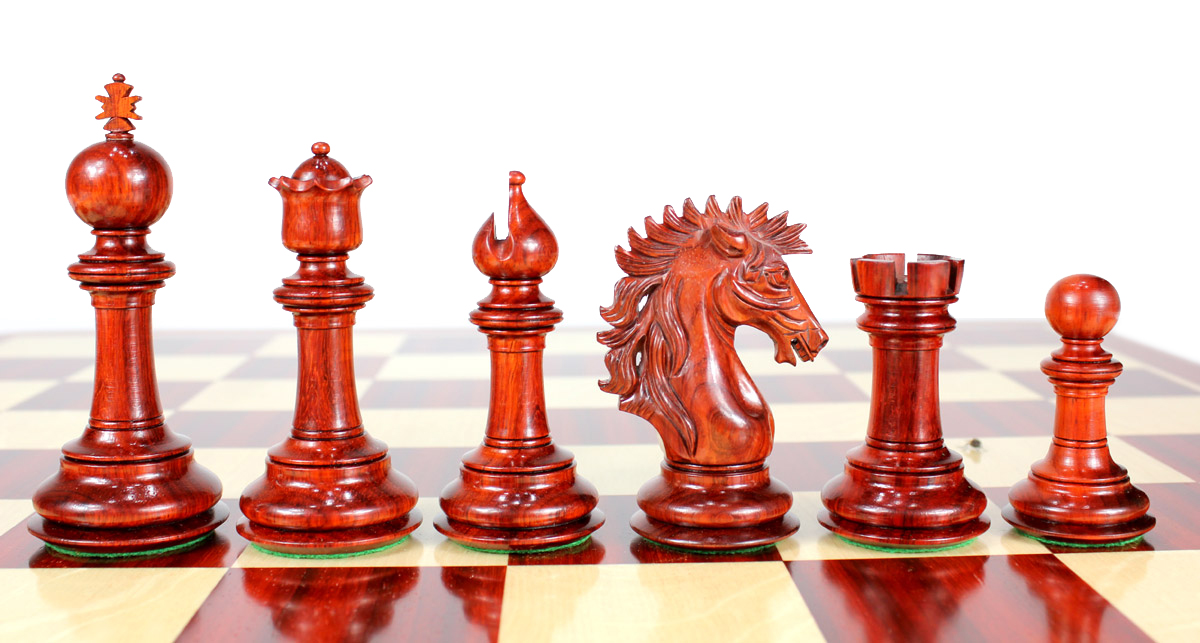 Beautiful Bud Rosewood chess pieces with beveled bases.
