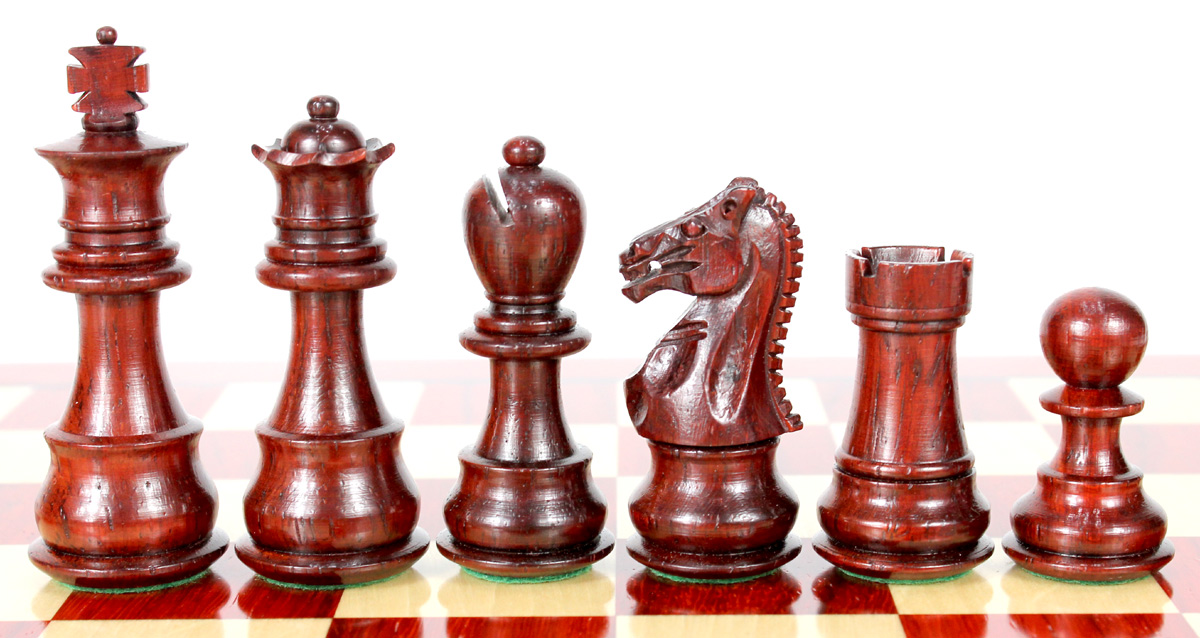 Beautiful Bud Rosewood chess pieces with beveled bases.