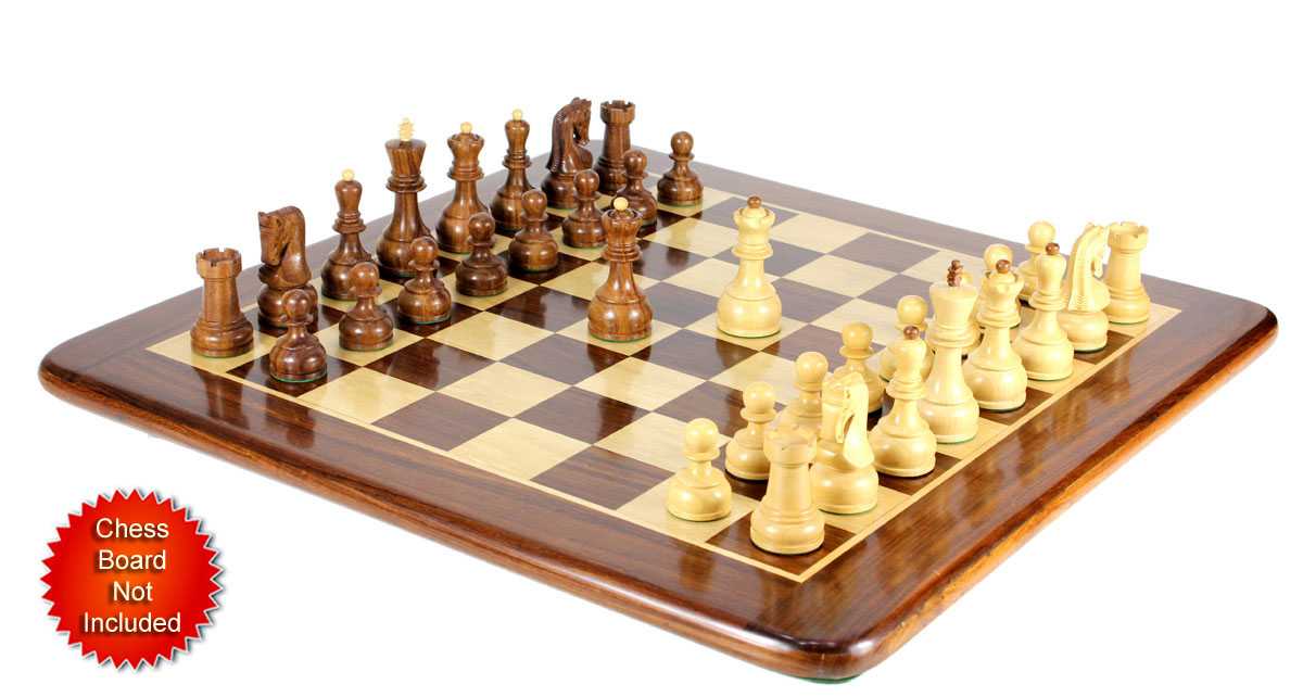 Chess Pieces placed on matching Golden Rosewood flat board