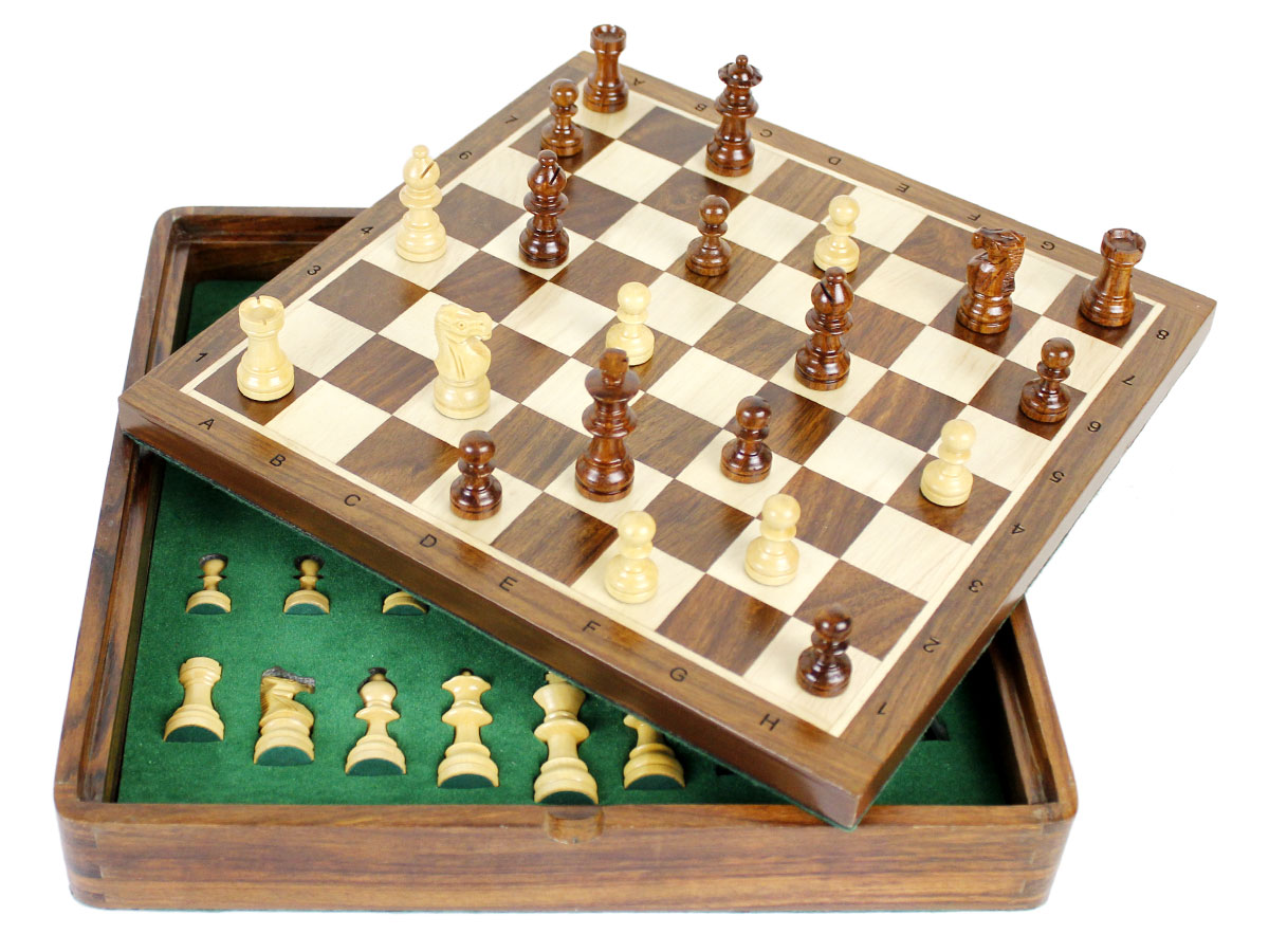 Flip up chess board tilted and box with inserts