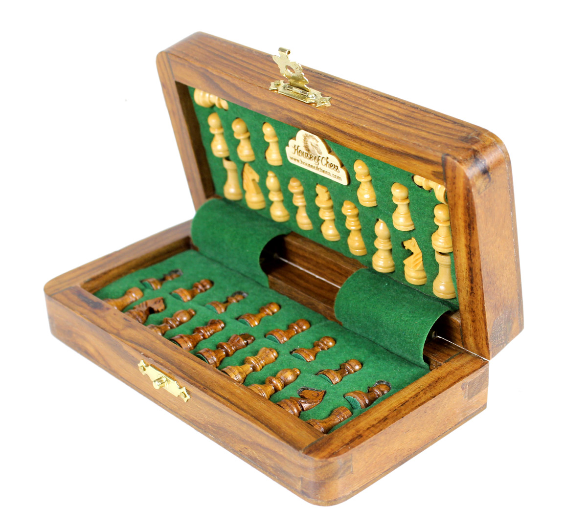 Chess pieces fitted in special inserts made according to the shape of the chess pieces.