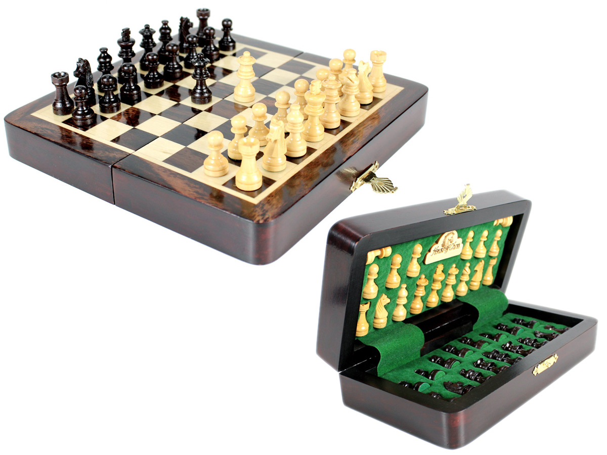 7.5" Wooden Chess Set Travel Magnetic Folding Board Rosewood + 2 Extra Queens