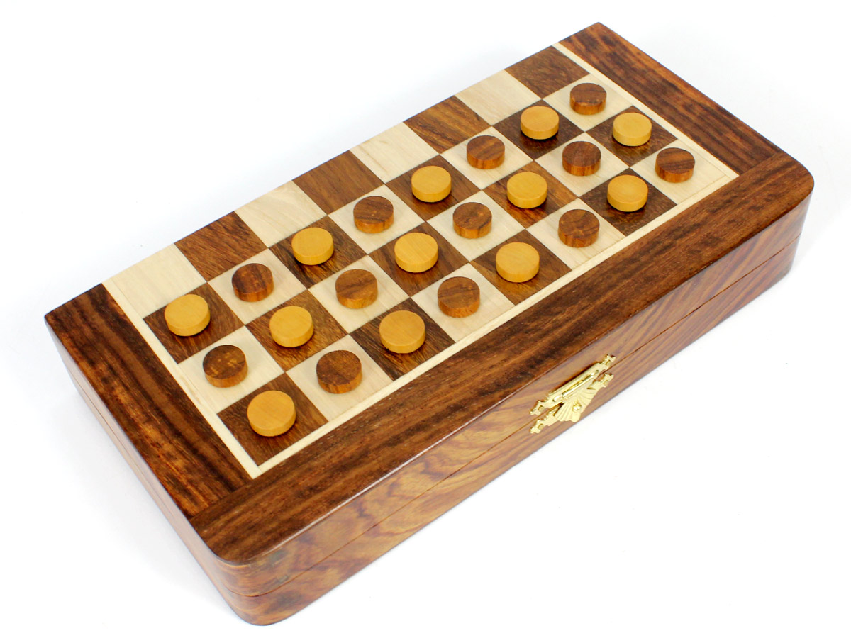 Front view of half folded chess board with checkers