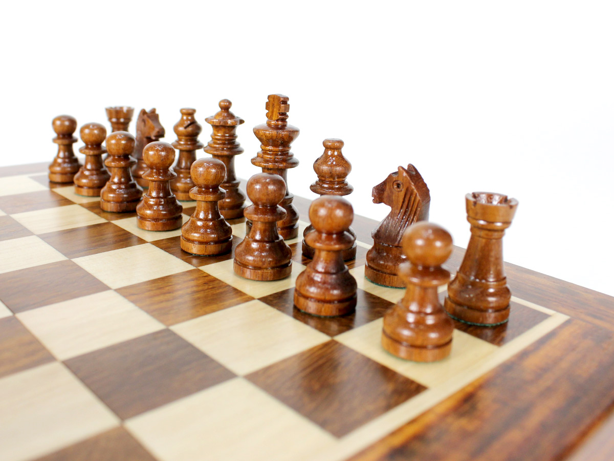 Close up view of Golden Rosewood chess pieces