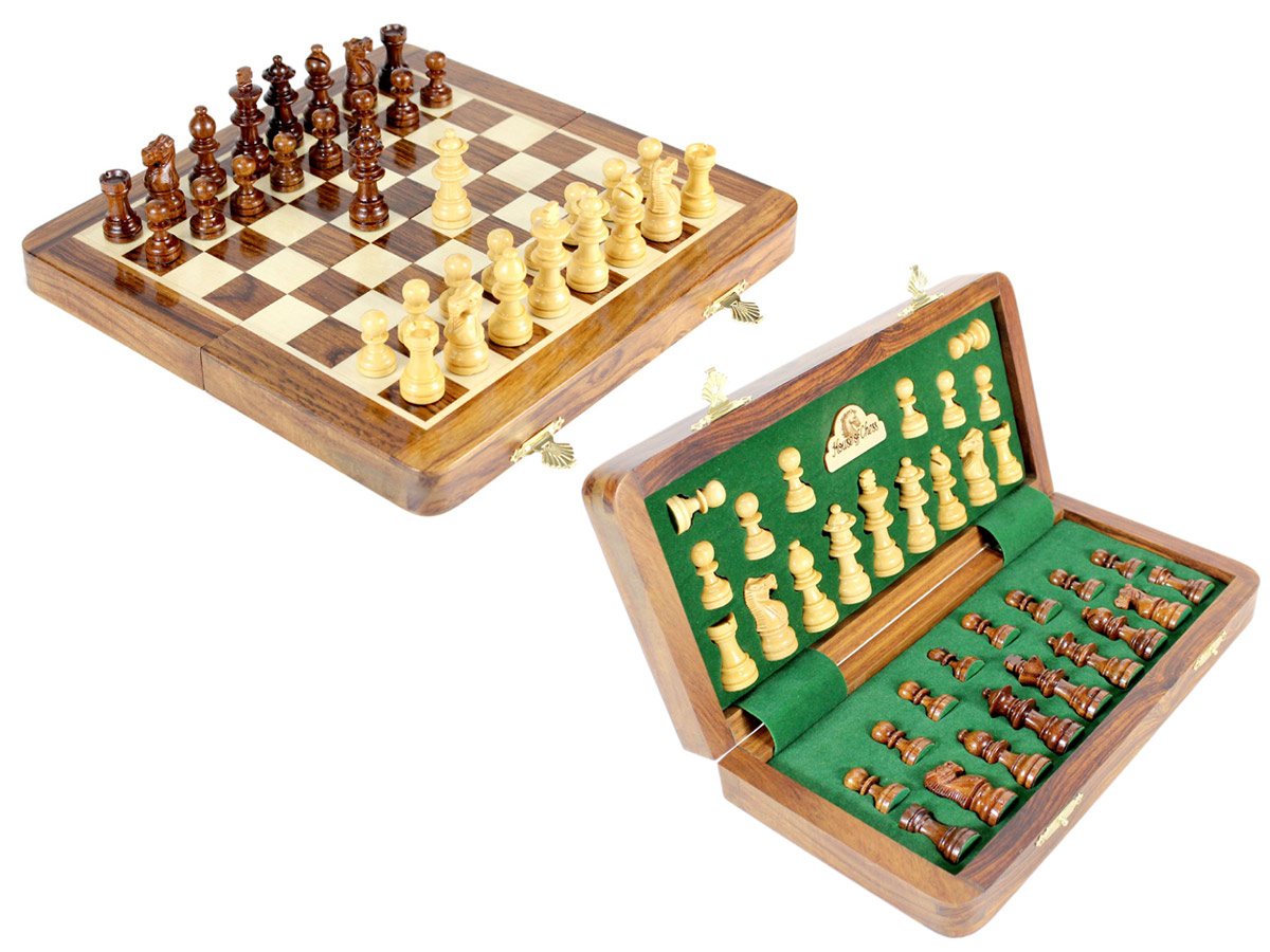 10" Wooden Chess Set Travel Magnetic Folding Board Golden Rosewood + 2 Extra Queens