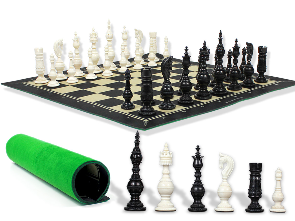 Renaissance 101 Antique Reproduced Camel Bone 5" Chess Set with Woodtex Roll Up 19" Chess Board and Presentation Box