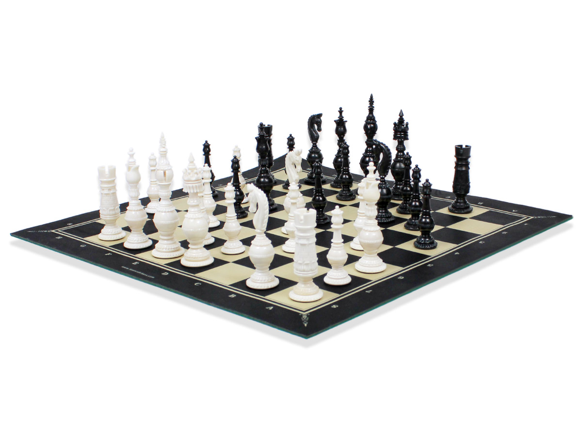 Side view of chess board with camel bone pieces