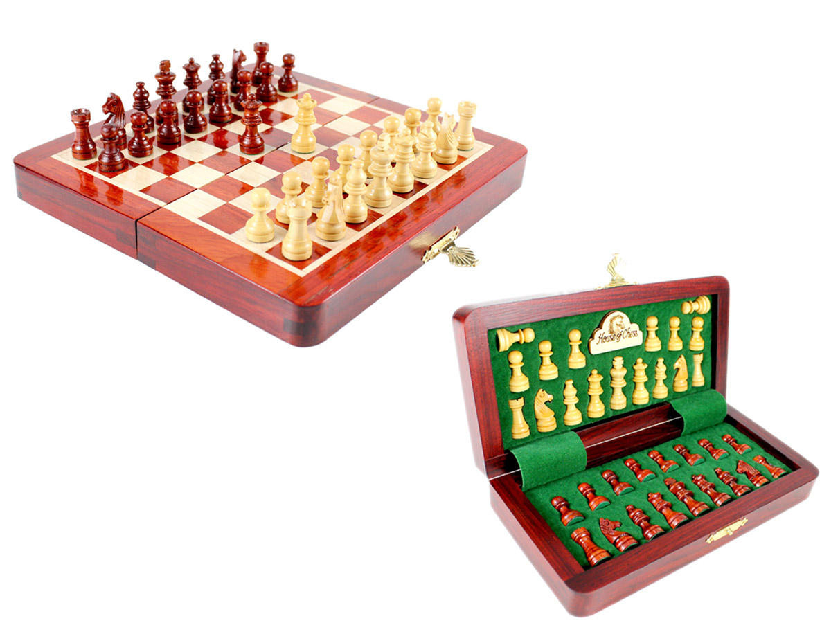 7.5" Wooden Chess Set Travel Magnetic Folding Board Bud Rosewood + 2 Extra Queens