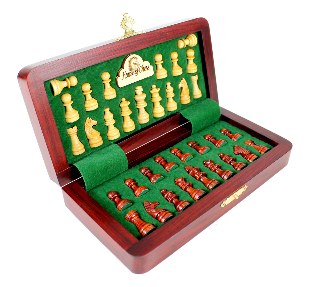 Chess pieces fitted in special inserts made according to the shape of the chess pieces.