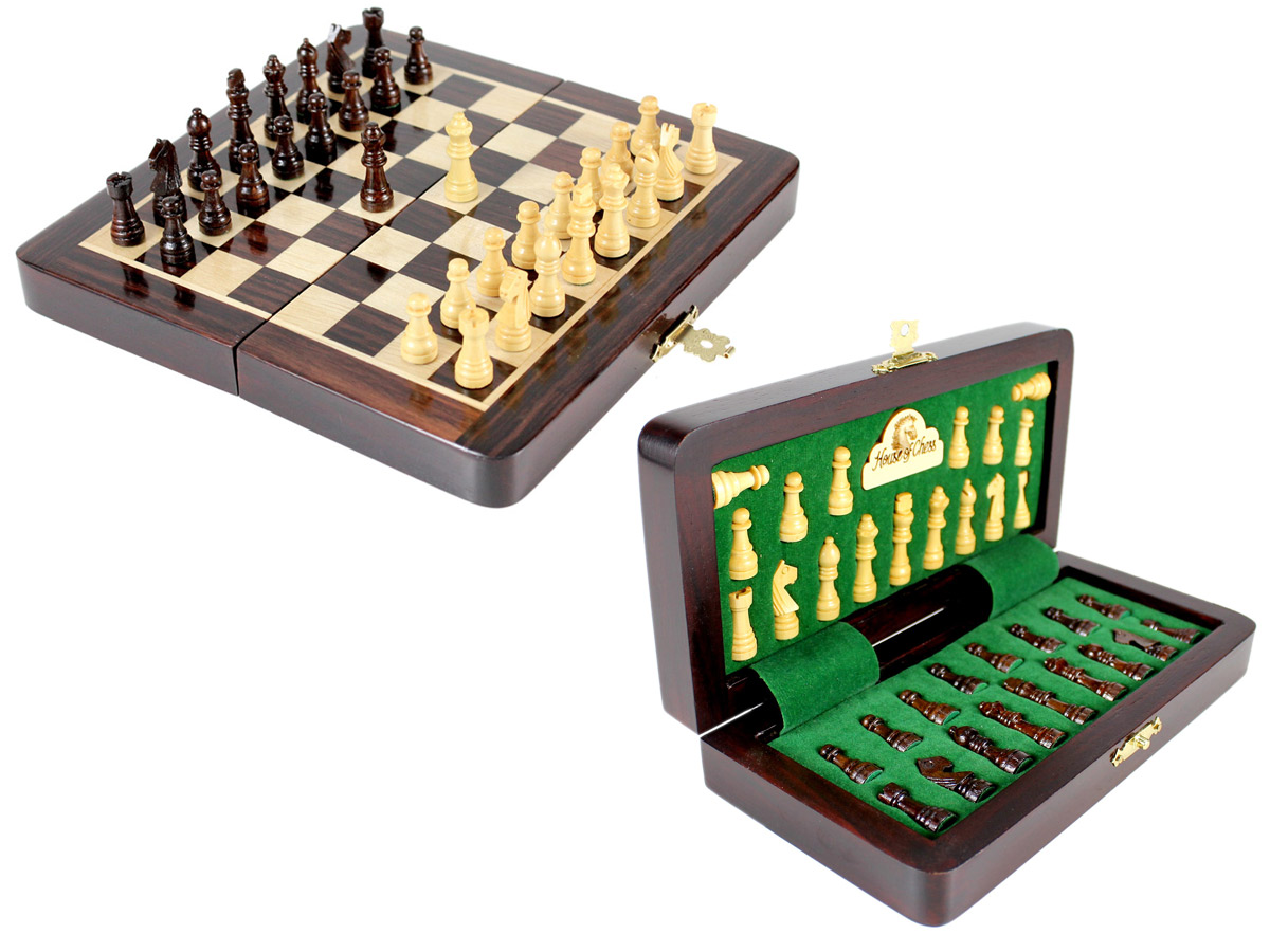 6.25" Wooden Chess Set Travel Magnetic Folding Board Rosewood + 2 Extra Queens