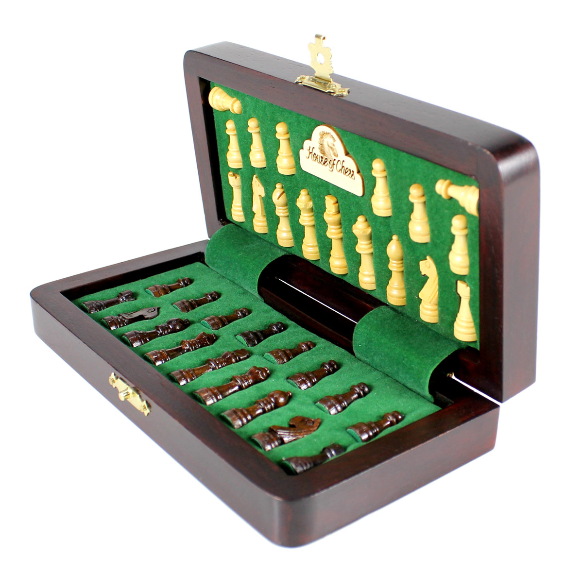 Chess pieces fitted in special inserts made according to the shape of the chess pieces.