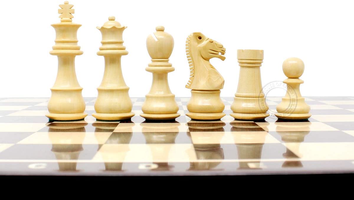 All chess pieces are triple weighted. Total weight of the chess pieces is 1.675 lbs (760 grams).