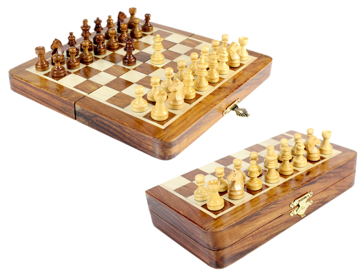 8" Wooden Chess Set Travel Magnetic Folding Board Golden Rosewood + 2 Extra Queens