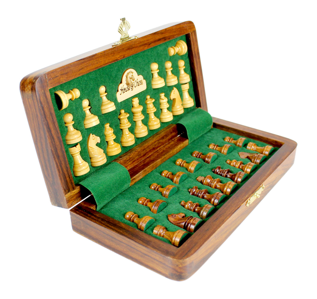 Chess pieces fitted in special inserts made according to the shape of the chess pieces.