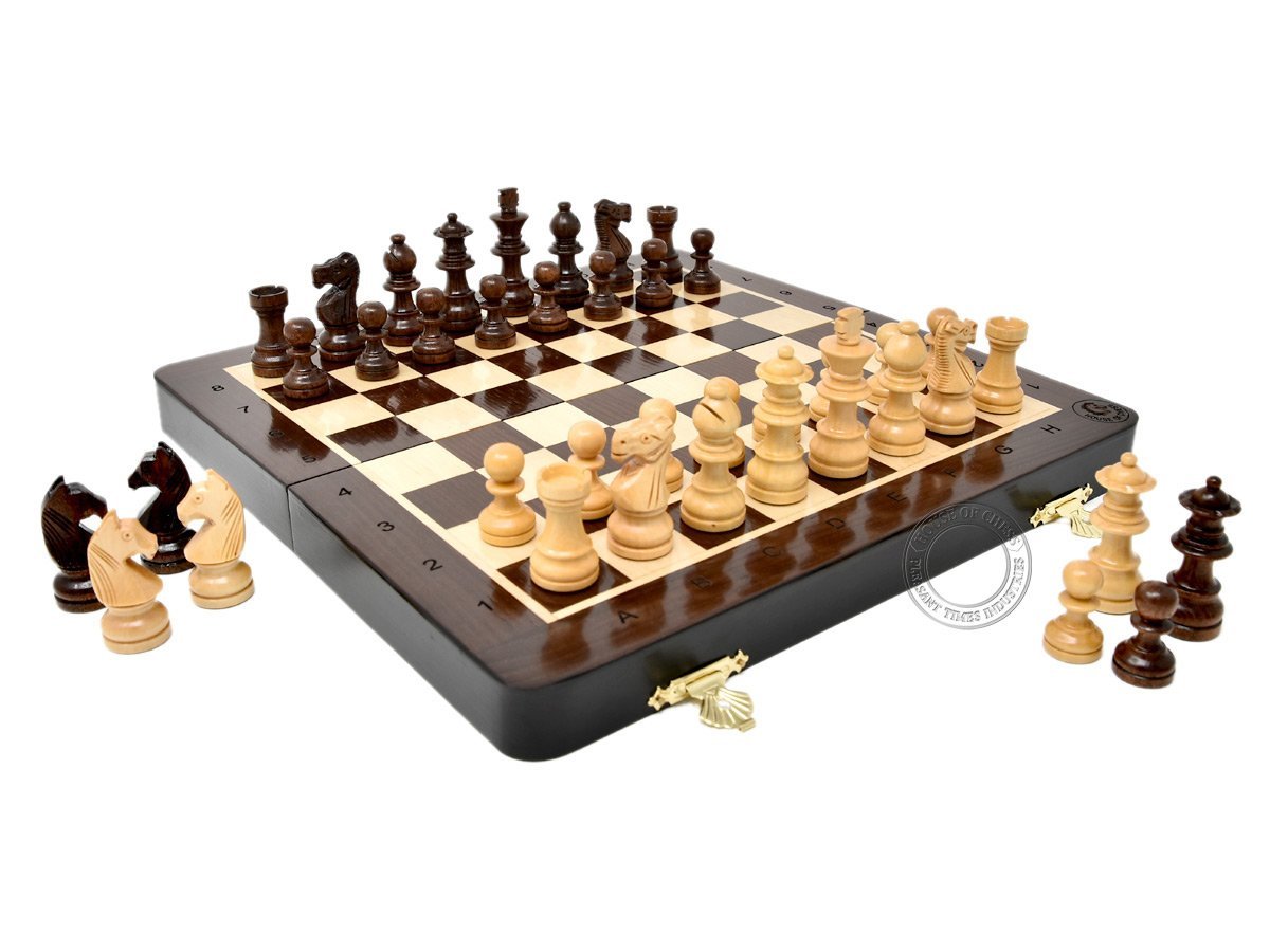 10 Inch Wooden Magnetic Folding Travel Chess Set / Board with 2 Extra Knights, 2 Extra Pawns, 2 Extra Queens and Algebraic Notation - Handmade - Premium Quality