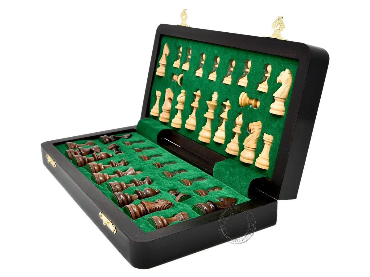 Inner view of chess box with chess pieces