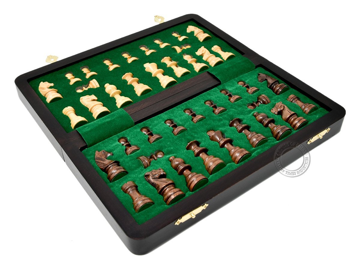 Inner view of flat chess box with chess pieces