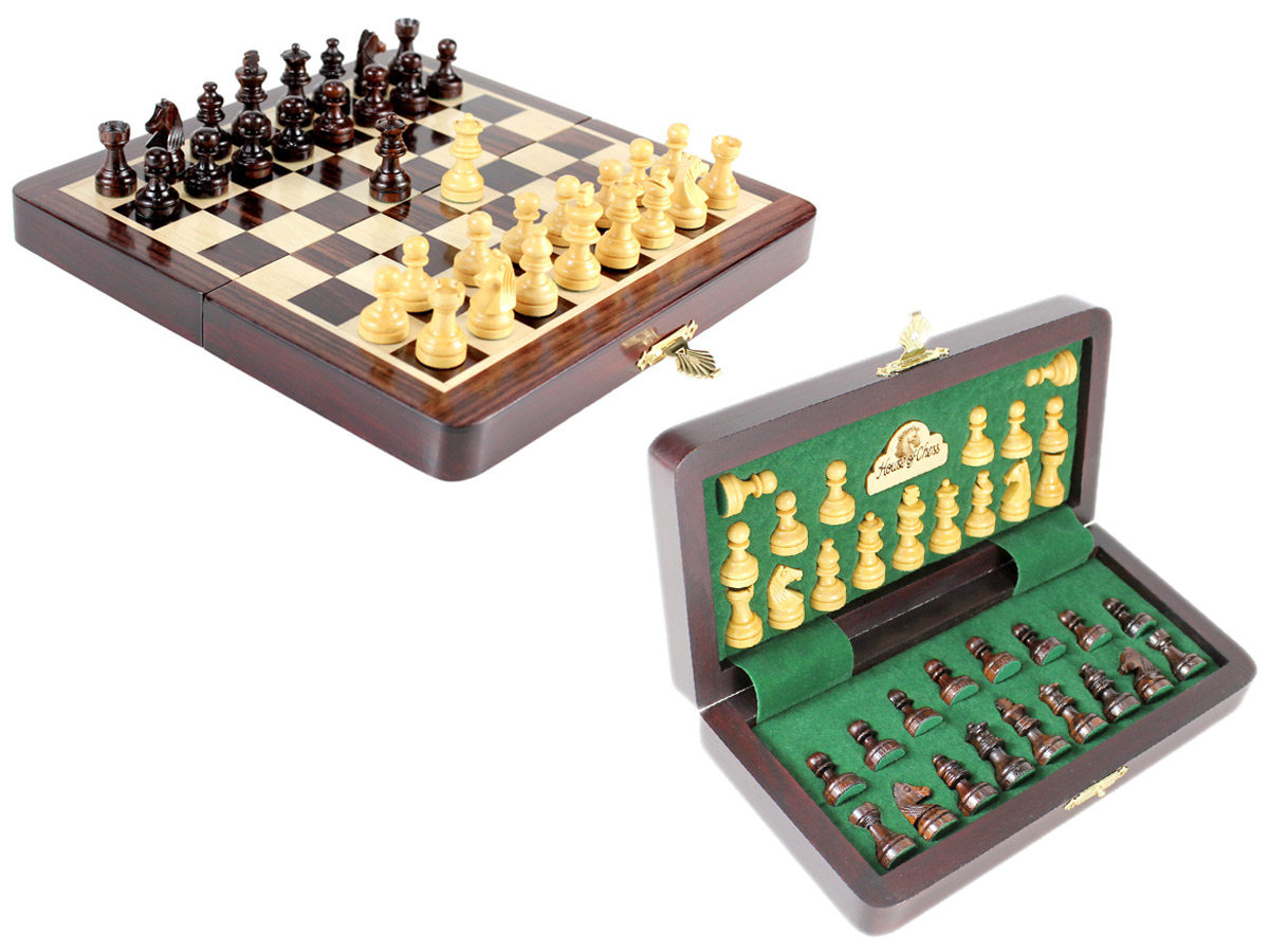 8" Wooden Chess Set Travel Magnetic Folding Board Rosewood + 2 Extra Queens