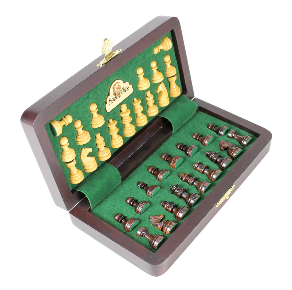 Chess pieces fitted in special inserts made according to the shape of the chess pieces.