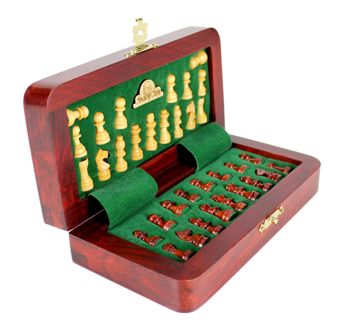 Chess pieces fitted in special inserts made according to the shape of the chess pieces.