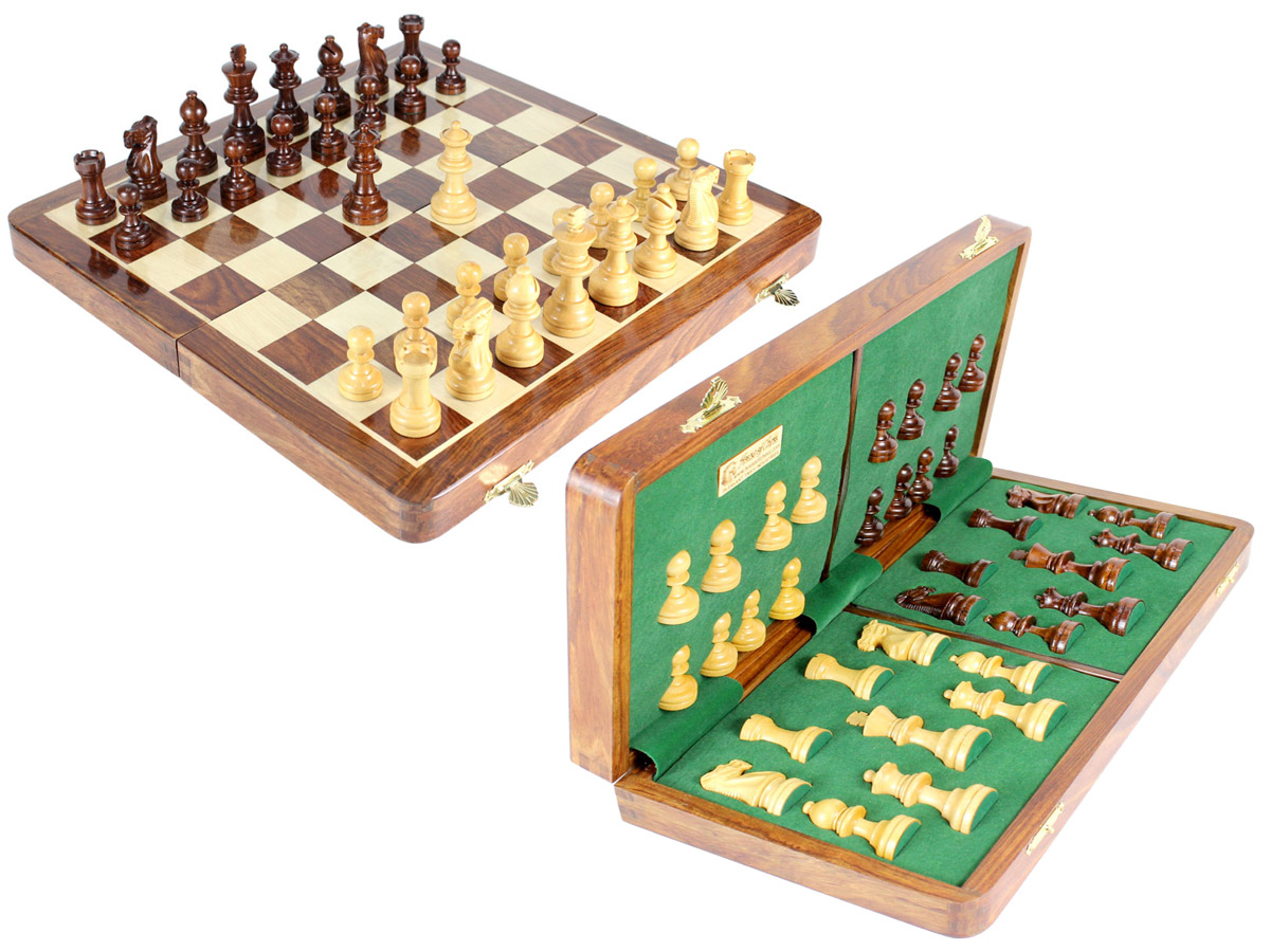 Club Chess Set Wood Magnetic Folding 16" Golden Rosewood/Maple King Size 3" + 2 Extra Queens