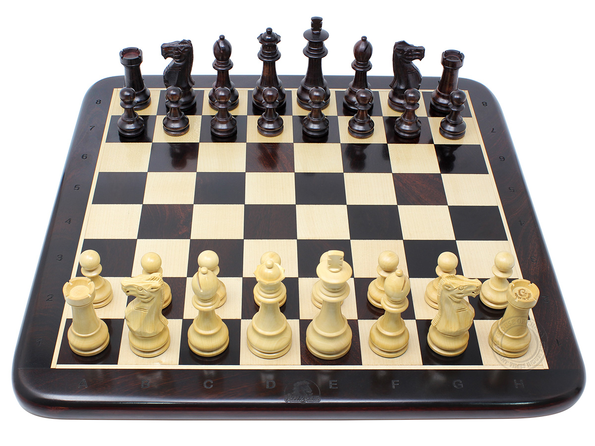 Unique Staunton 3.75" King Height Ringy Rosewood Chess Set and 17" Flat Chess Board with Algebraic Notations - 2 Extra Queens