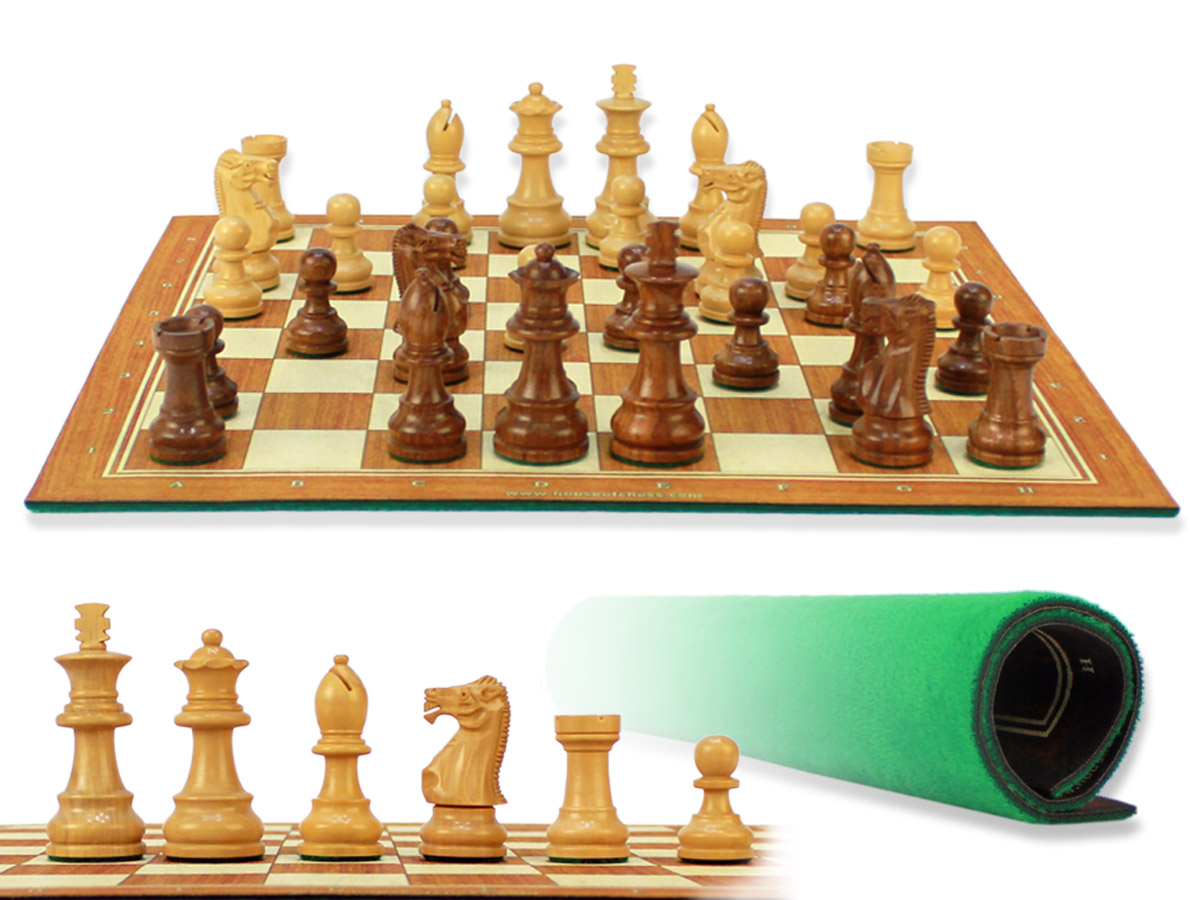 Unique Staunton Wooden Chess Pieces 2-3/4" with Wood Tex Roll up 13" Chess Board and Velvet Pouch with Logo