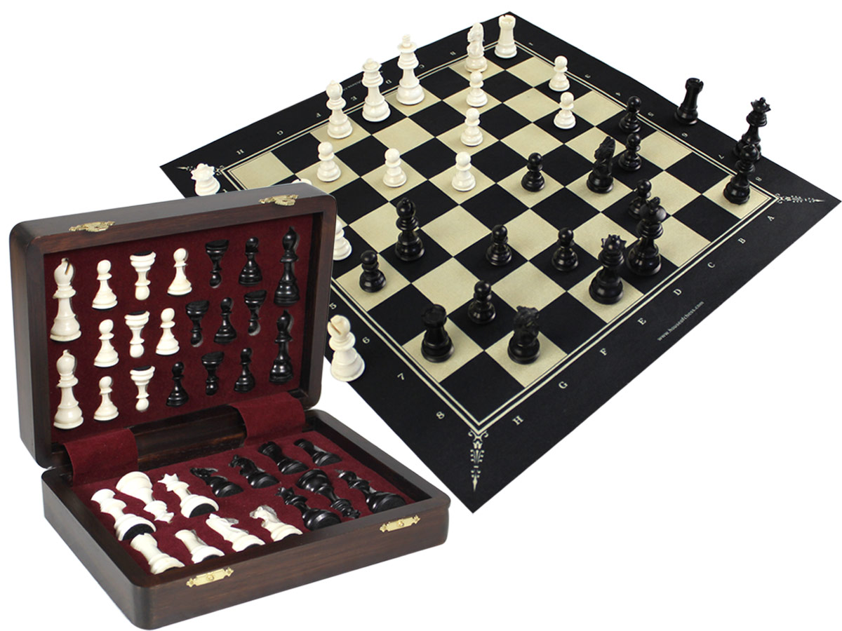 Emperor Staunton Camel Bone 3" Chess Pieces & 18" Fabric Chess Board with Wenge Colored Presentation Chess Box