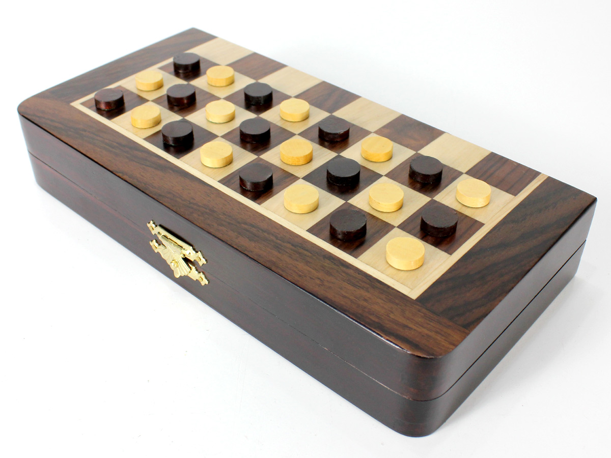 Front view of half folded chess board with checkers