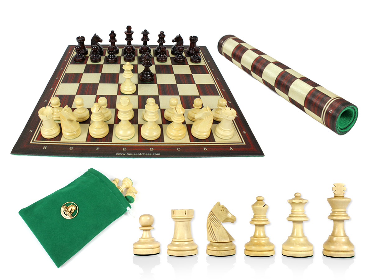 Louis Staunton Chess Set Pieces 2-1/2" Rosewood Colored with Wood Tex Roll up 13" Chess Board and Velvet Pouch with Logo