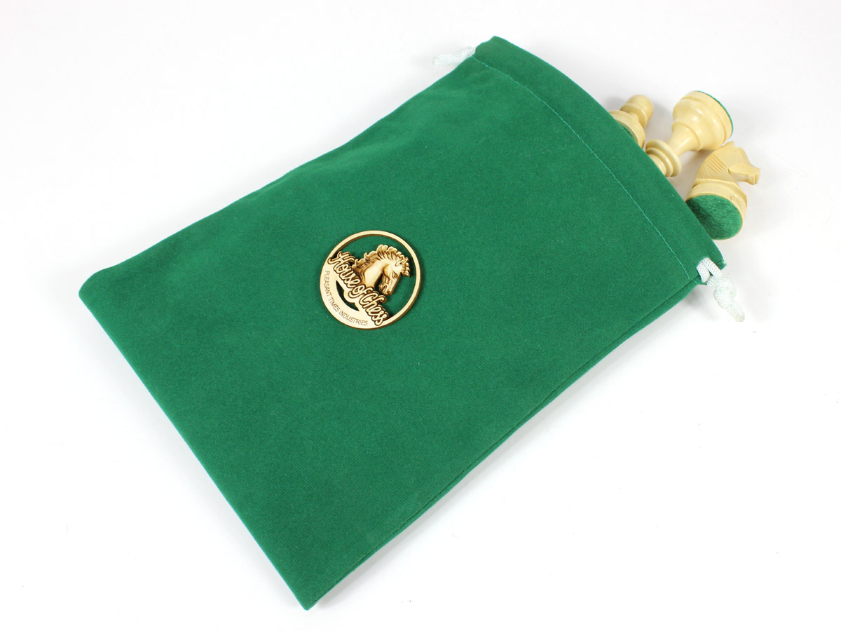 Green Velvet pouch with Wooden House of Chess Logo