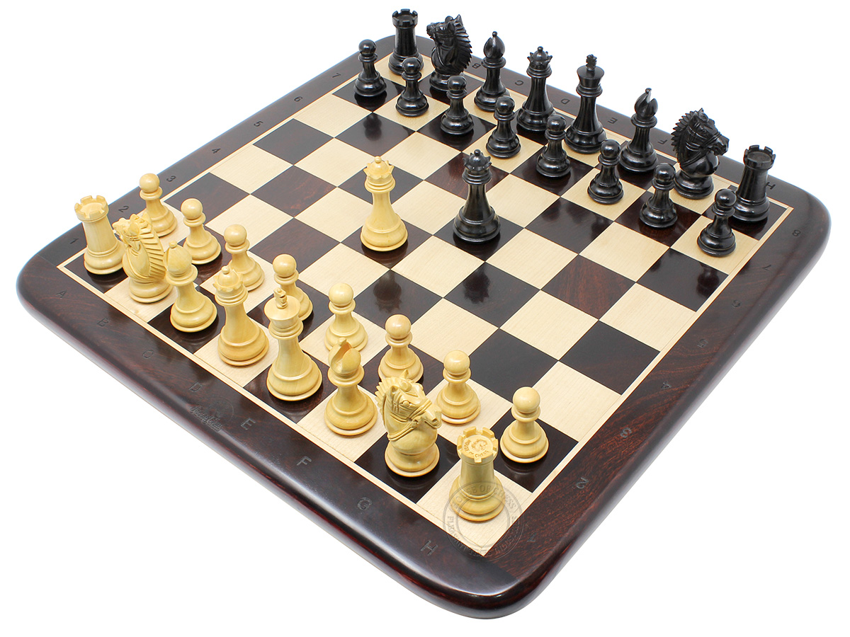 Rio Staunton Biggie Knight Ebonized 3" King Height - Chess Set - 17" Ringy Rosewood Flat Chess Board with Algebraic Notation - 2 Extra Queens